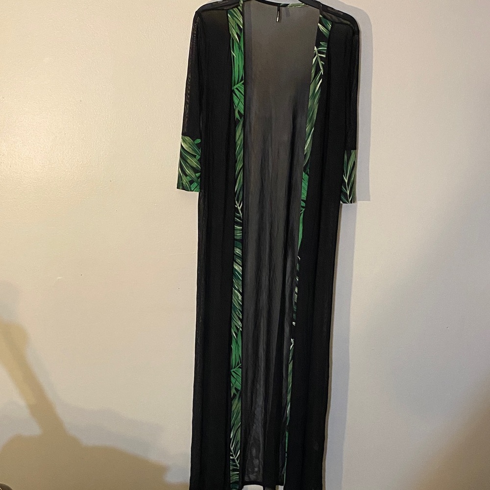 Fashion Nova Black Long Kimono with Green Leaf Trim